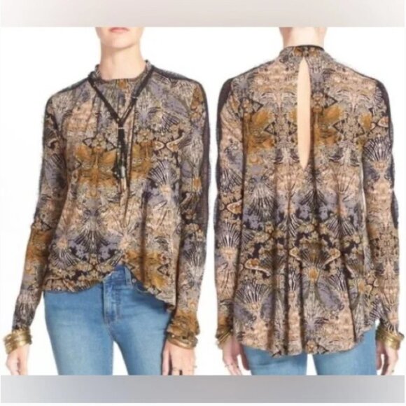 Free People Sepia Toned New World Jersey Nouveau flowy cross front Top size S - Picture 3 of 16